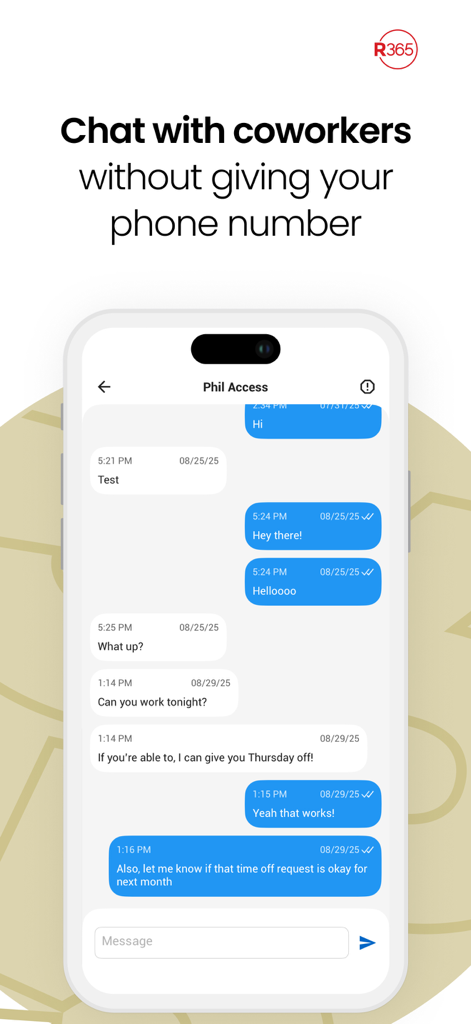 Eine mobile App-Oberfläche von Restaurant365, die einen sicheren Chatverlauf zwischen Kollegen über Schichtpläne zeigt
