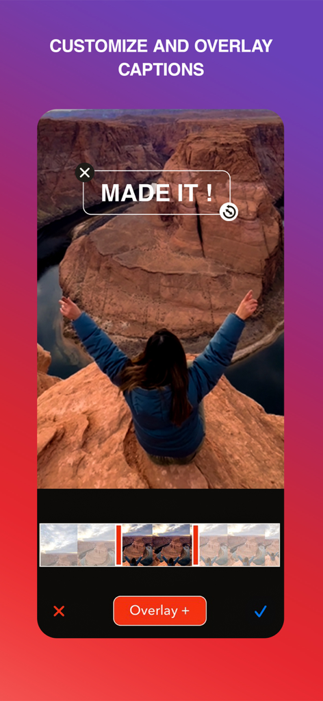 Hilights Video Editor Maker - Interface of Hilights Video Editor showing a travel photo of a canyon with a customizable Made It text overlay
