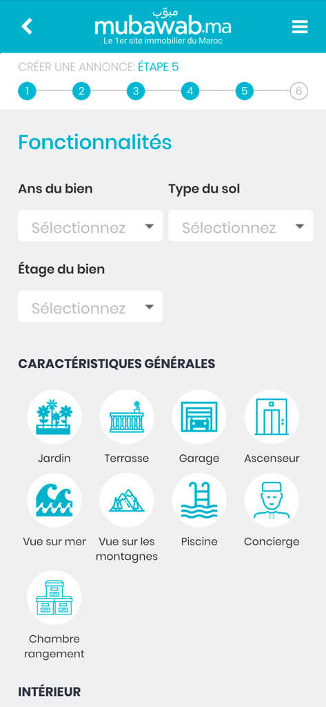 Mubawab real estate app screen for selecting property features and amenities