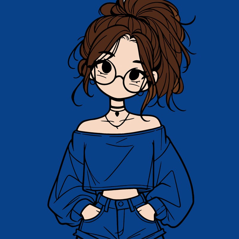 girl with a messy ponytail glasses a baggy crop top and jean shorts