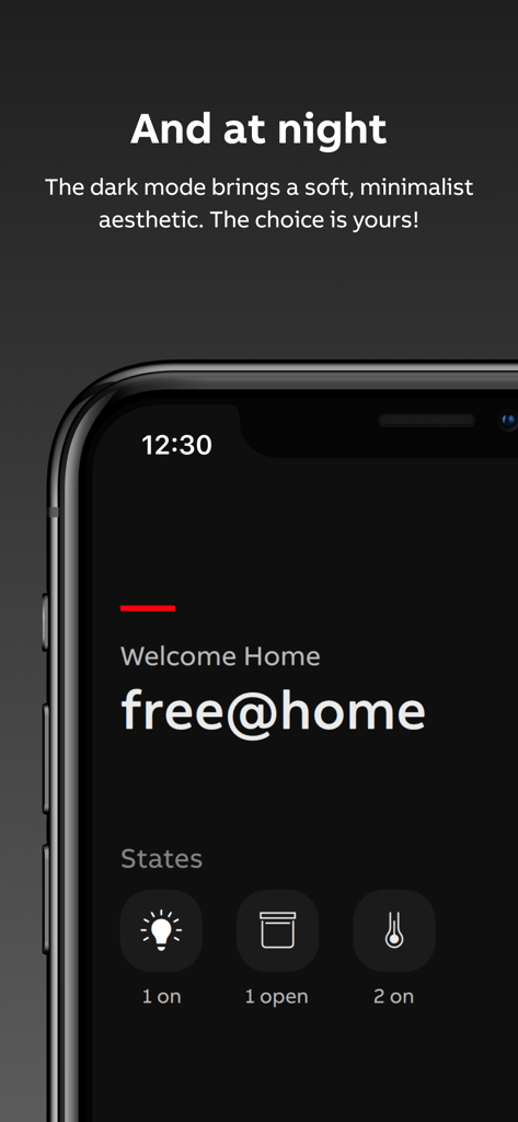 ABB-free@home® Next - Panel de control de la aplicación ABB free home Next en modo oscuro mostrando iconos de estado de hogar inteligente para luces y persianas