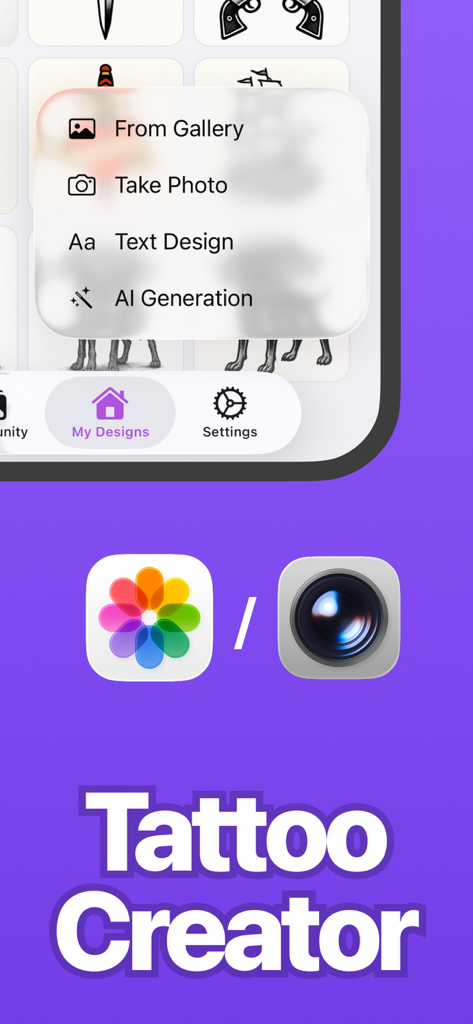 AI Tattoo Generator: Flashes - Interface showing tattoo creation options including AI generation, text design, and photo gallery uploads.