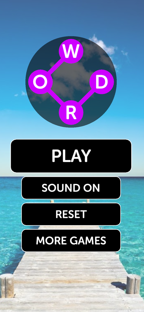 Word Circle: Search Word Games - Word Circleアプリのメインメニュー。穏やかなビーチの背景の上に、単語パズルとナビゲーションボタンが表示されています。