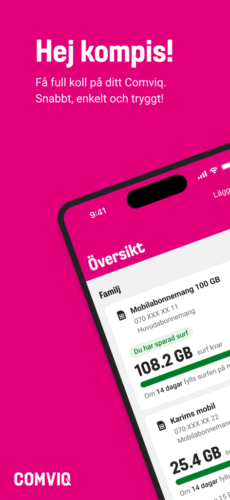 Ein Screenshot des Comviq-Mobilappen-Dashboards, das einen Überblick über schwedische Mobilfunkabonnements mit Details zur Datennutzung zeigt