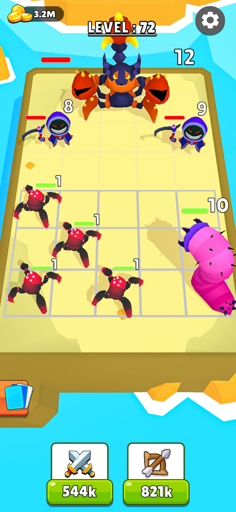 Monster Merge Dinosaur Games - A strategic battlefield in Monster Merge Dinosaur Games showing monsters on a grid ready to fight a giant scorpion boss