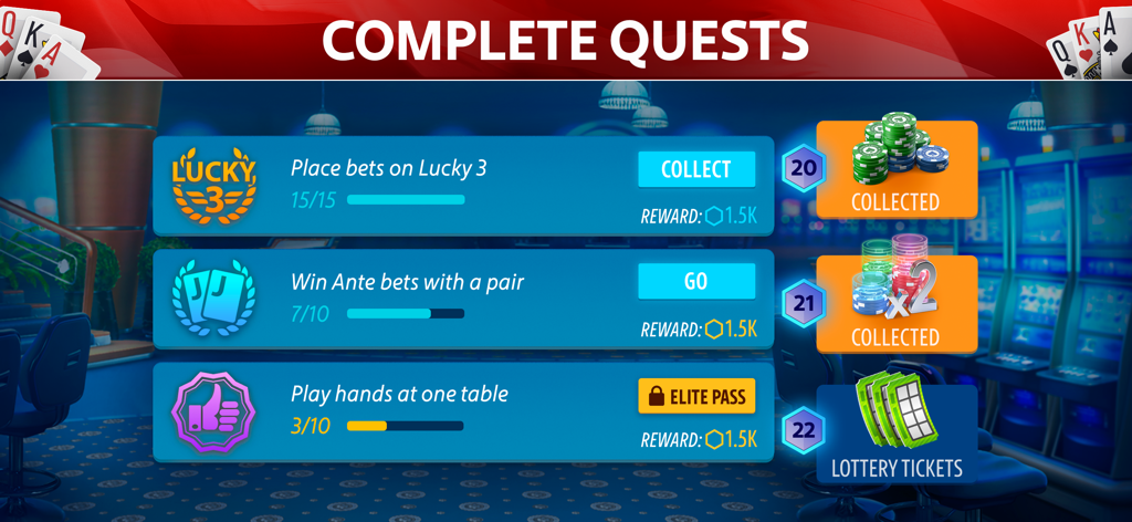 Daily quests screen in Set Poker by Pokerist showing progress bars and rewards for completing poker tasks.