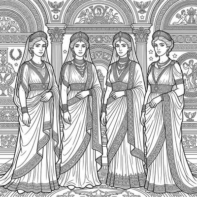 Unleash your creativity with this magnificent coloring page featuring four majestic Roman Empresses, each adorned in splendid historical attire. Explore the grandeur of ancient Rome as you bring these powerful female figures and their intricate architectural surroundings to life with your favorite colors.