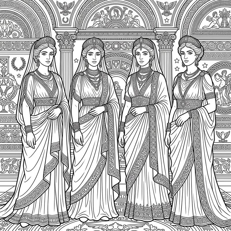 Unleash your creativity with this magnificent coloring page featuring four majestic Roman Empresses, each adorned in splendid historical attire. Explore the grandeur of ancient Rome as you bring these powerful female figures and their intricate architectural surroundings to life with your favorite colors.