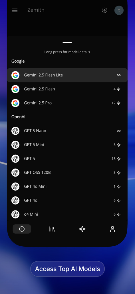 Zemith - SuperAI All in One AI - Zemithアプリのインターフェース。Google GeminiとOpenAI GPTの利用可能なAIモデルのリストが表示されています。