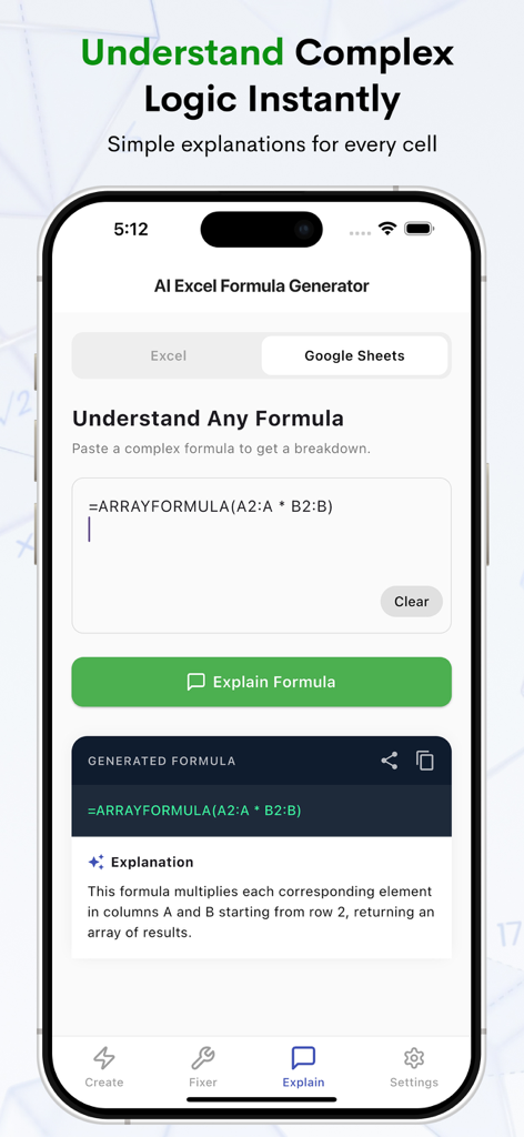 AI Excel Formula Generator - AI Excel Formula Generator screen explaining the logic of a Google Sheets array formula in plain English
