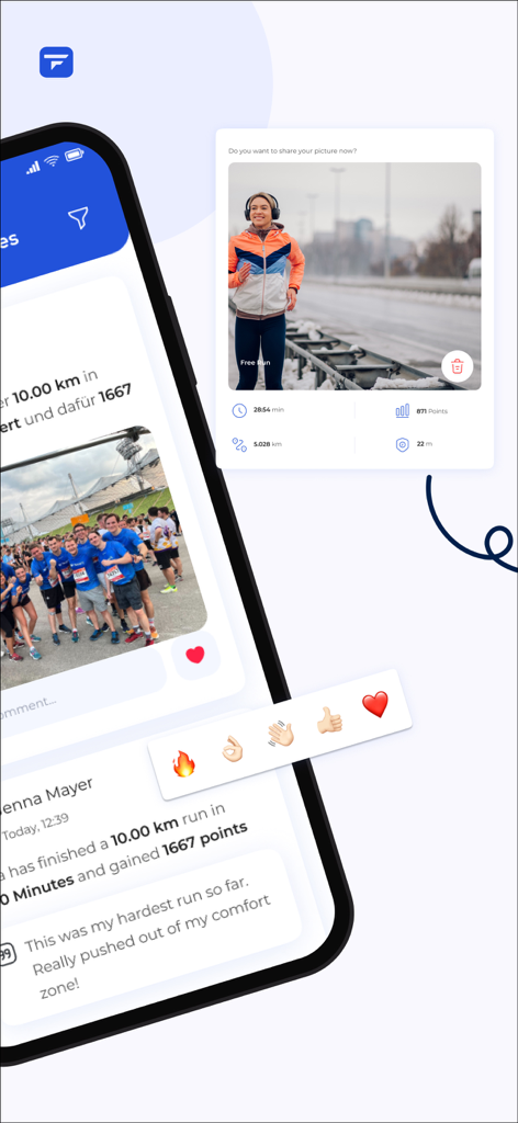 Ein Smartphone-Bildschirm, der einen sozialen Fitness-Feed mit dem Fortschritt und der Motivation der Teammitglieder anzeigt