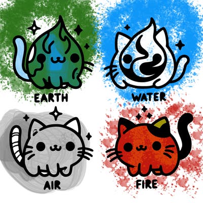 4 cats that represent the different elements, earth, water, air, and fire