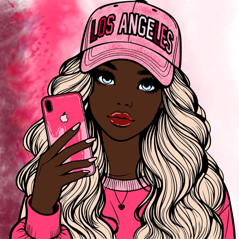 realistic beautiful girl wearing los ángeles cap holding an iphone