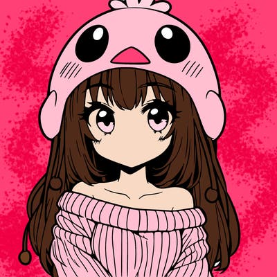 anime girl with chick shaped hat with sweater with bare shoulders with bangs covering them one eye with low tail