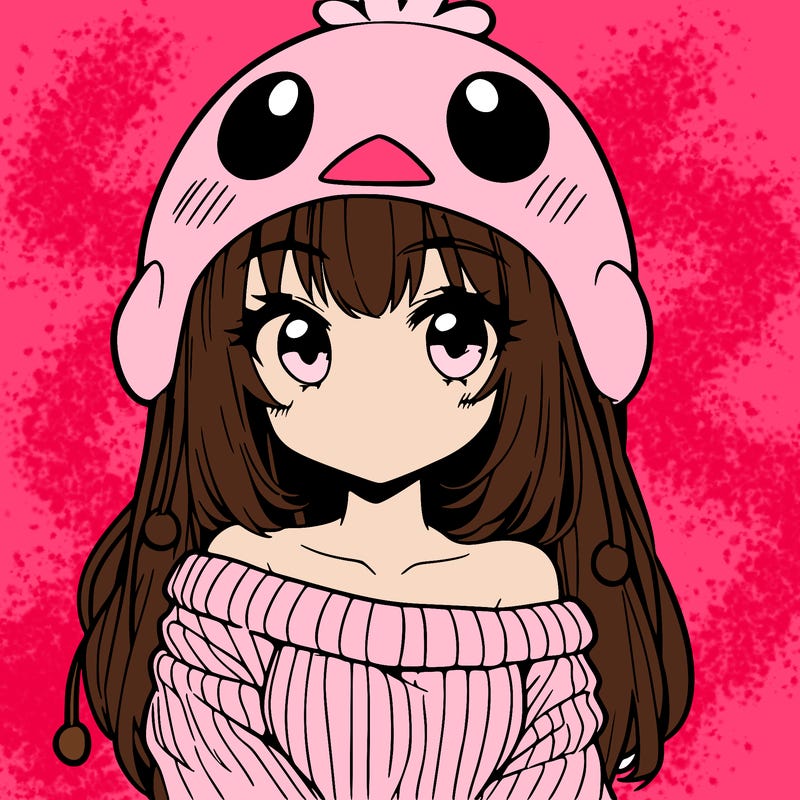 anime girl with chick shaped hat with sweater with bare shoulders with bangs covering them one eye with low tail
