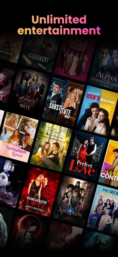 GoodFM - Dramas & Audiobooks - Una cuadrícula visual que muestra varias portadas de audiolibros de romance y drama con el titular Entretenimiento ilimitado