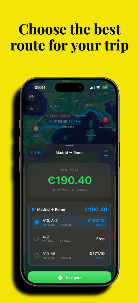 EuroTolls mobile app screen showing route planning from Madrid to Rome with estimated toll costs