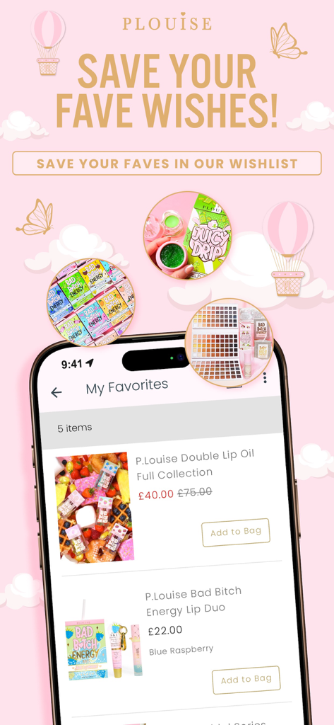 P Louise Cosmetics - Screenshot of the P. Louise Cosmetics app My Favorites screen showing a wishlist of makeup products like lip oils and bundles
