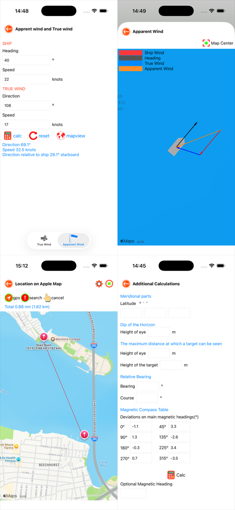 Nautical Calculator Preview - Four screenshots of the Nautical Calculator Preview app showing apparent wind calculations, vector maps, and maritime navigation data tables.