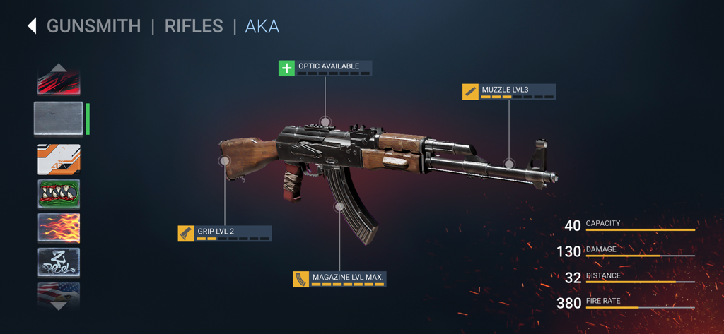 Gunsmith menu in Zombeast showing rifle upgrades and weapon stats