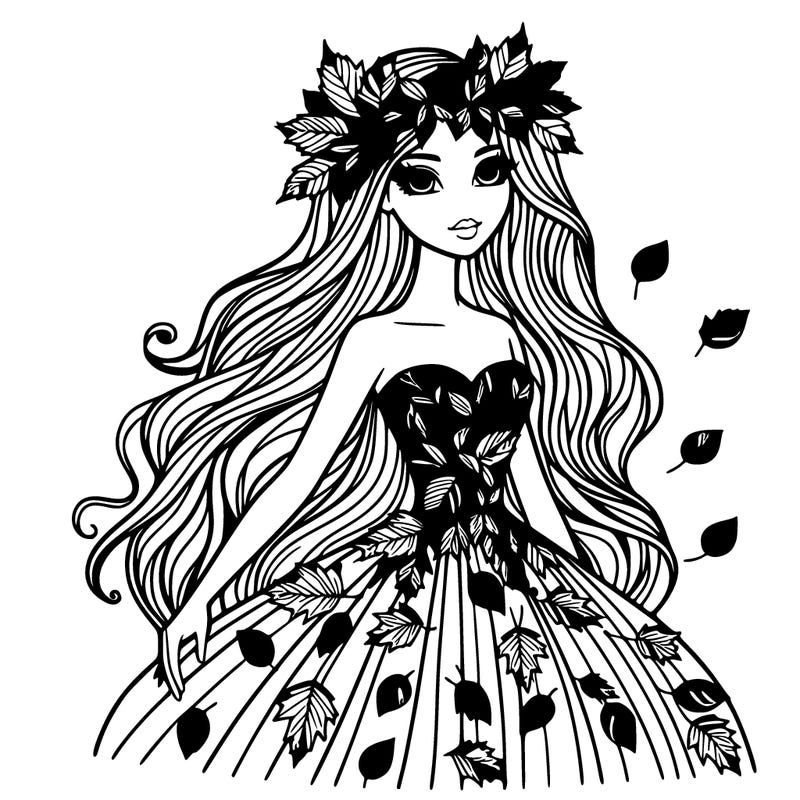 a realistic woman with long hair wearing autumn leaf crown and long elegant dress made out of autumn leaves
