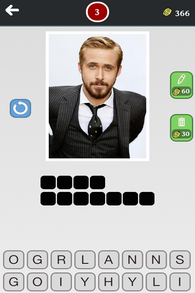 Actor Quiz - Whats the movie celebrity, new fun puzzle - Actor Quiz game screen showing a portrait of Ryan Gosling with a letter grid to guess his name