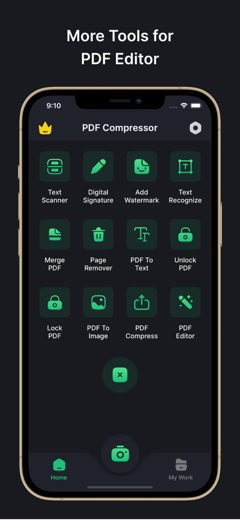 PDF Compressor: Size Reduce - iPhone screenshot showing the PDF Compressor app interface with tools for digital signatures, merging files, and text recognition