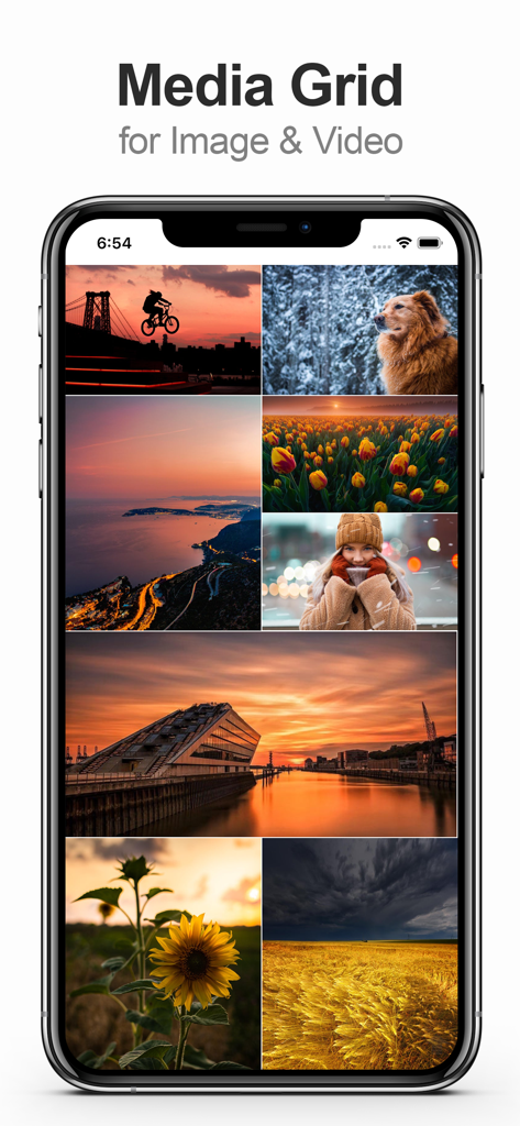 Smartphone display showing the Media Grid layout with a collection of high quality photos in the MultiTab for Reddit app
