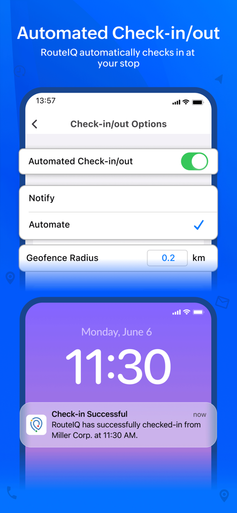 フィールドセールス担当者の自動チェックイン設定と成功したチェックイン通知を示すインターフェイス