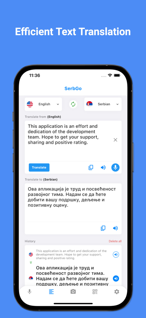 Serbian Translator Pro + - Capture d'écran de l'application SerbGo affichant une traduction de texte de l'anglais vers le serbe.