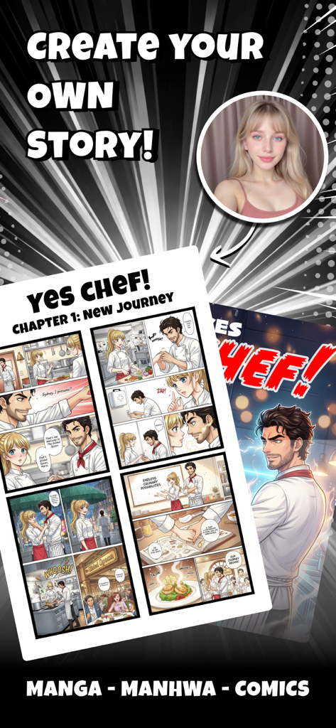 Sakura Manga Reader app interface featuring a comic titled Yes Chef and the text Create your own story