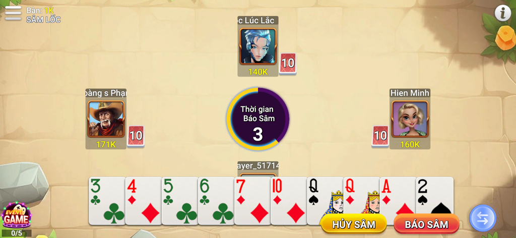 Ein Screenshot des Sam Loc Offline Mobile Kartenspiels, der eine Hand von Karten und KI-Gegner während eines Spiels zeigt.