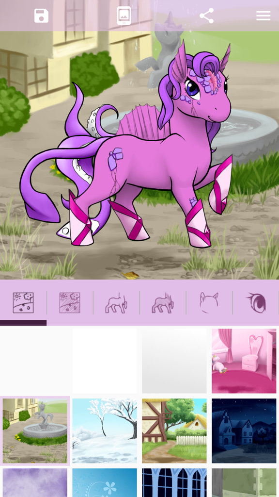 Avatar Maker: Pony 2 - A screen from Avatar Maker Pony 2 showing a purple pony character and a menu to select different background environments