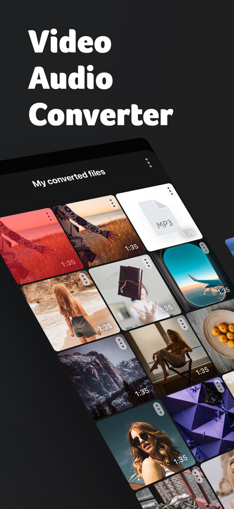 MP3 Converter app screen showing a collection of converted video and audio files