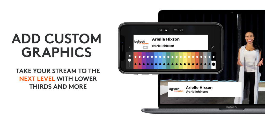 Telas de smartphone e laptop mostrando como adicionar gráficos de terço inferior personalizados a uma transmissão ao vivo usando o aplicativo Logitech Mevo