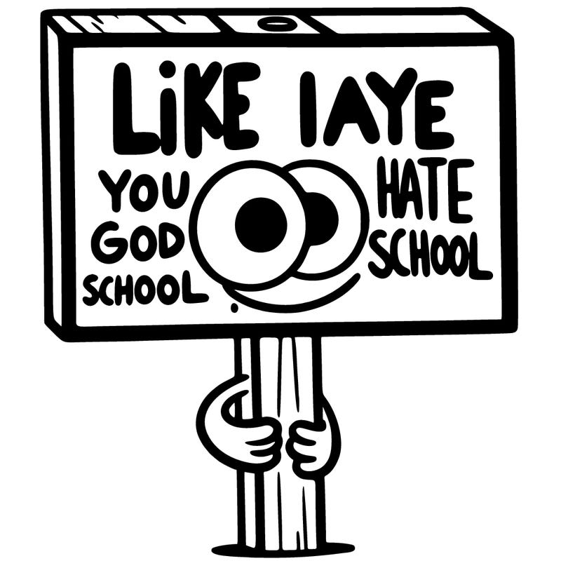 a sign with words on it saying like if you hate school