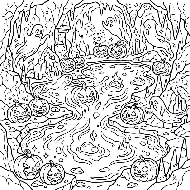 Descend into a subterranean world where Halloween spooks meet molten rock. This unique coloring page offers a thrilling blend of eerie caves, glowing magma, grinning pumpkins, and playful ghosts, perfect for a spectacularly scary coloring session.