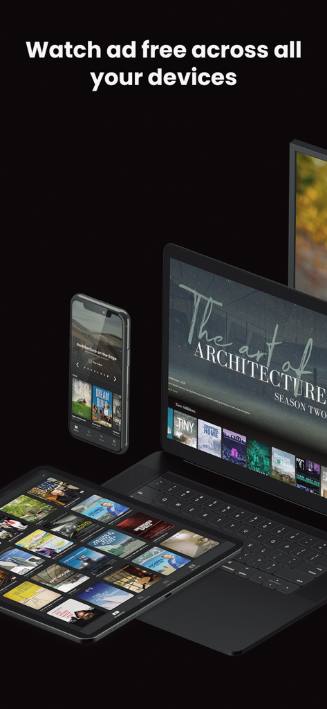 Aplicación de arquitectura Shelter mostrada en un smartphone, tablet y portátil