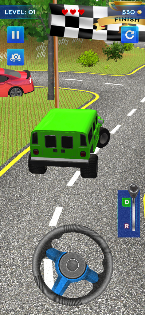 Hill Climb Car: Racing Game 3D - Um jipe verde dirigindo em uma estrada de asfalto sinuosa em uma simulação de jogo 3D de escalada de montanha.