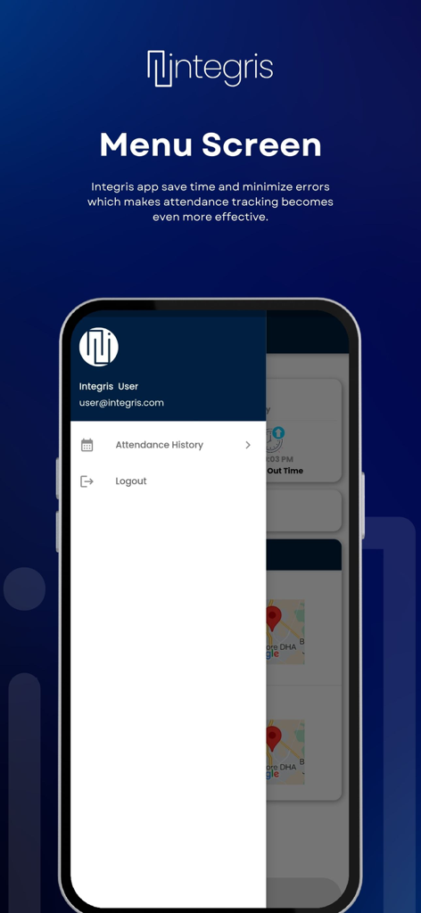 Integris: Attendance App - Tela do menu de navegação do Integris Attendance App exibindo perfil do usuário e opções de histórico de frequência.