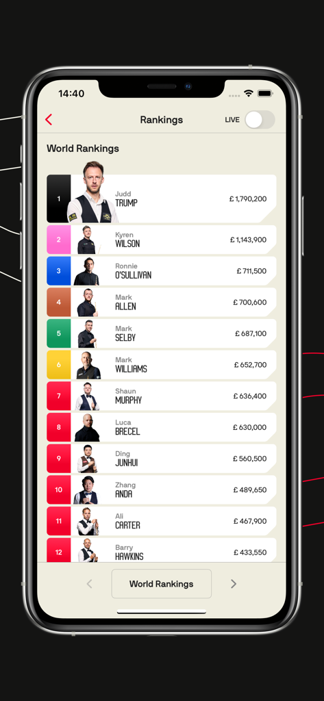 World Snooker Tour official rankings list on a mobile app showing professional players and their prize money earnings