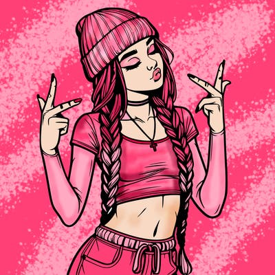 realistic teenage girl with braids and a beanie and crop top doing 🫶🏼