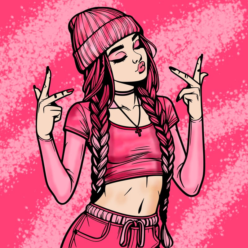 realistic teenage girl with braids and a beanie and crop top doing 🫶🏼