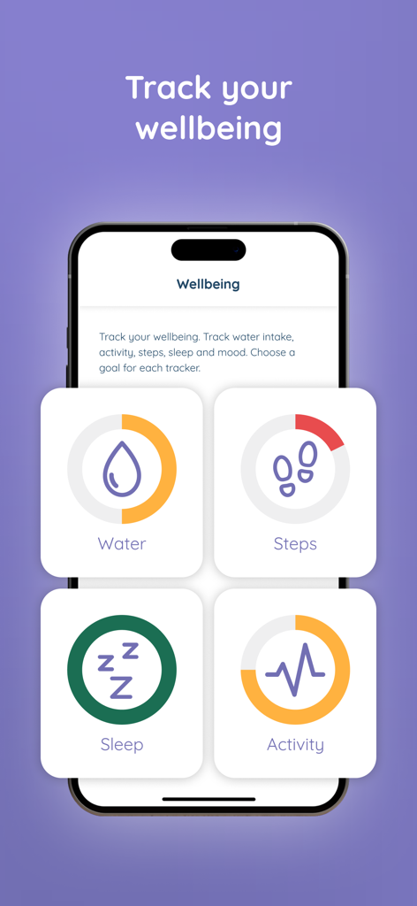 Wisdom: Learn, Grow, Thrive - Una interfaz de smartphone que muestra rastreadores de bienestar para agua, pasos, sueño y actividad física con círculos de progreso.