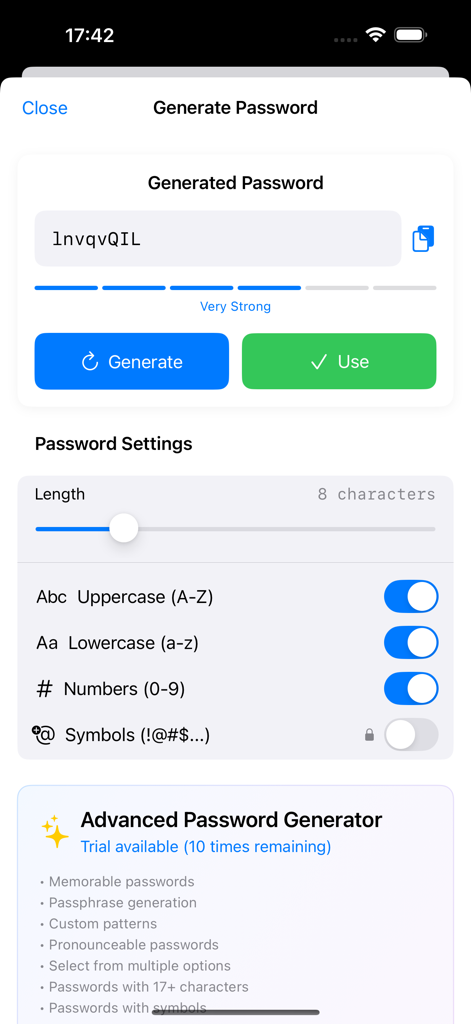 Interface para gerar uma senha segura com configurações ajustáveis de comprimento e tipo de caractere.