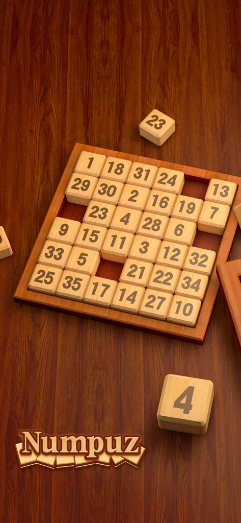 Numpuz: Number Puzzle Games - A wooden sliding number puzzle game interface with square tiles on a wood background