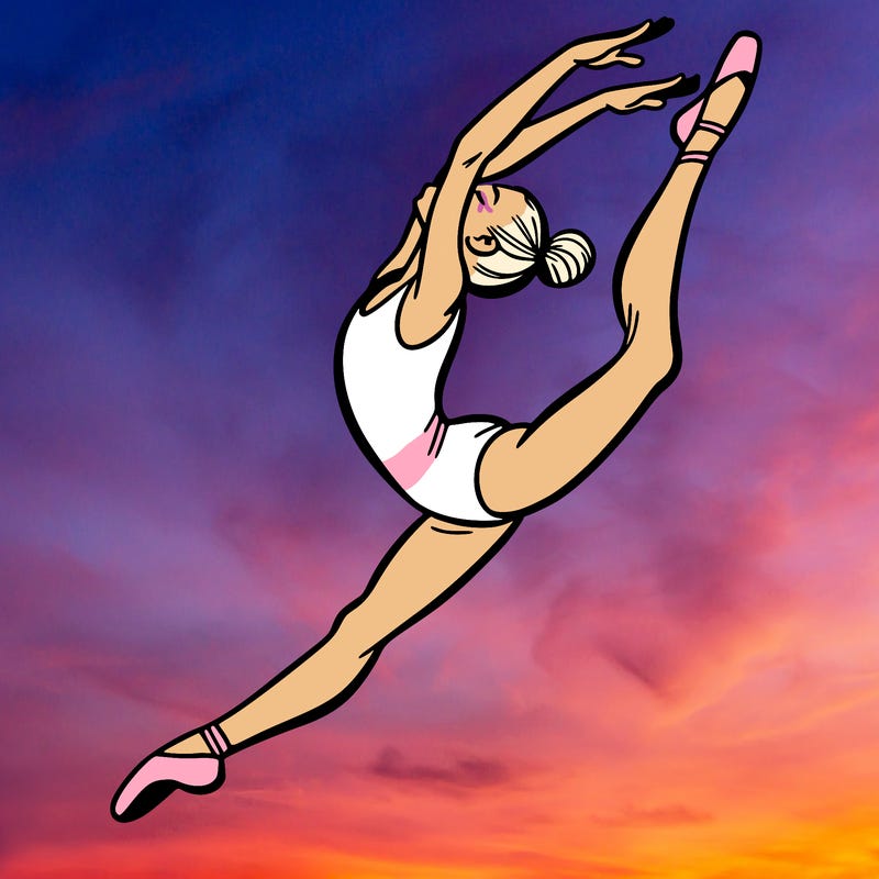 gymnast doing a leap in a leotard with a bent back leg