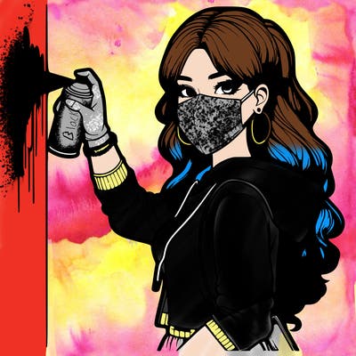 realistic girl with mask spray painting a wall
