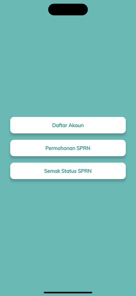 TEDUH - Home screen of the TEDUH app with registration and SPRN application buttons