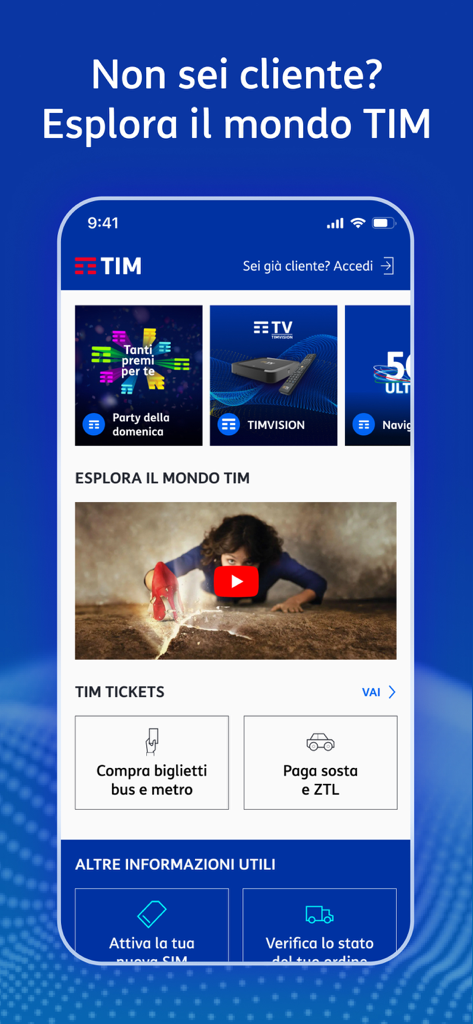 Interface of the MyTIM app showing options for purchasing transport tickets and exploring TIM services.